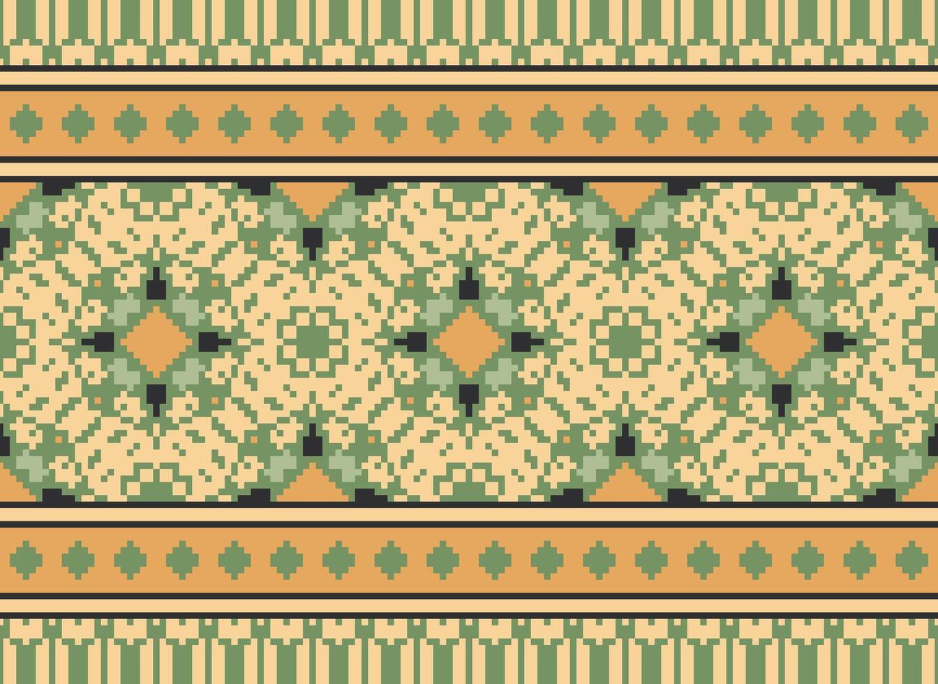 Pixel ikat and cross stitch geometric seamless pattern ethnic oriental traditional. Aztec style illustration design for carpet, wallpaper, clothing, wrapping, batik. vector