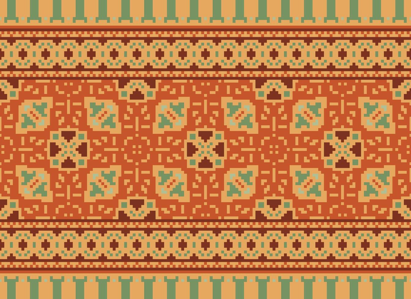 Pixel ikat and cross stitch geometric seamless pattern ethnic oriental traditional. Aztec style illustration design for carpet, wallpaper, clothing, wrapping, batik. vector