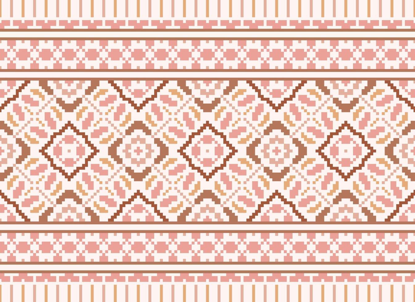 Pixel ikat and cross stitch geometric seamless pattern ethnic oriental traditional. Aztec style illustration design for carpet, wallpaper, clothing, wrapping, batik. vector