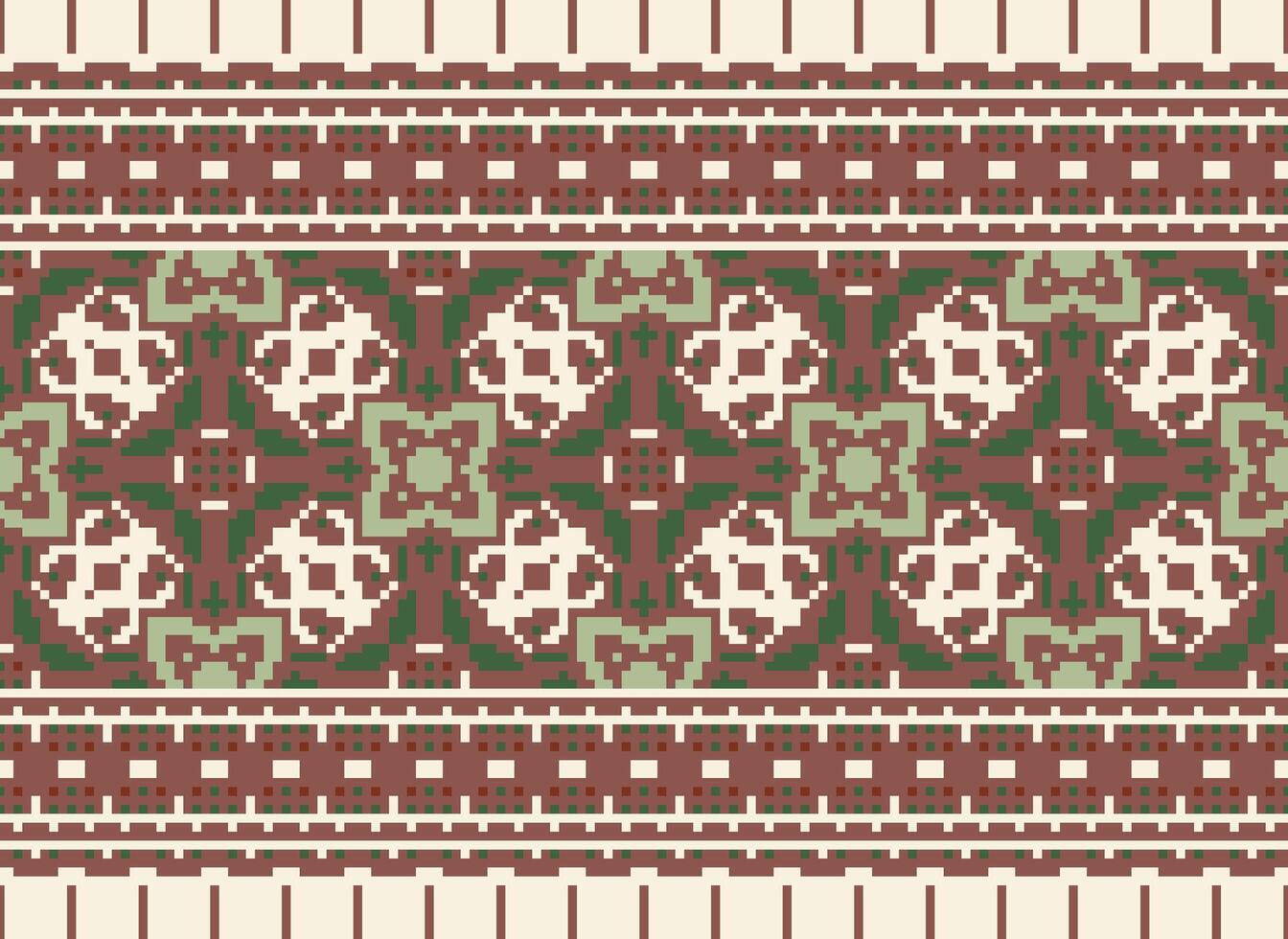 Pixel ikat and cross stitch geometric seamless pattern ethnic oriental traditional. Aztec style illustration design for carpet, wallpaper, clothing, wrapping, batik. vector