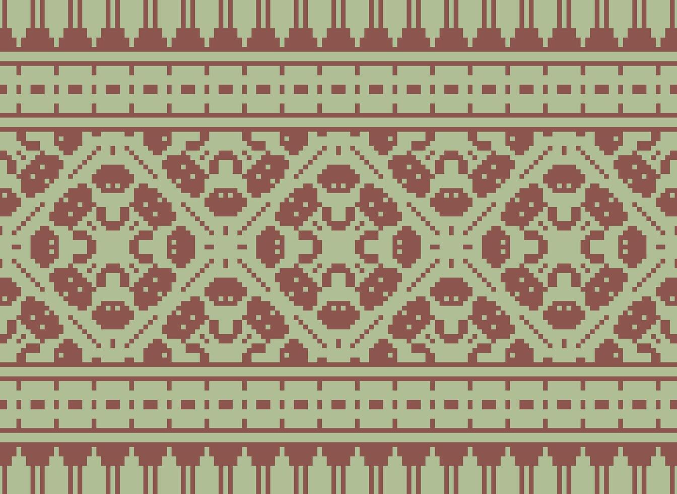 Pixel ikat and cross stitch geometric seamless pattern ethnic oriental traditional. Aztec style illustration design for carpet, wallpaper, clothing, wrapping, batik. vector