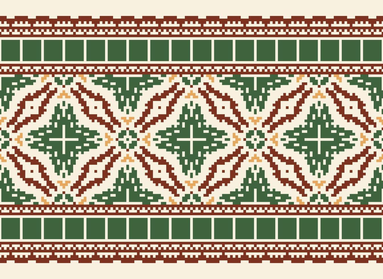 Pixel ikat and cross stitch geometric seamless pattern ethnic oriental traditional. Aztec style illustration design for carpet, wallpaper, clothing, wrapping, batik. vector