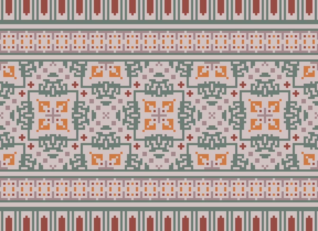 Pixel cross stitch traditional ethnic pattern paisley flower Ikat background abstract Aztec African Indonesian Indian seamless pattern for fabric print cloth dress carpet curtains and sarong vector