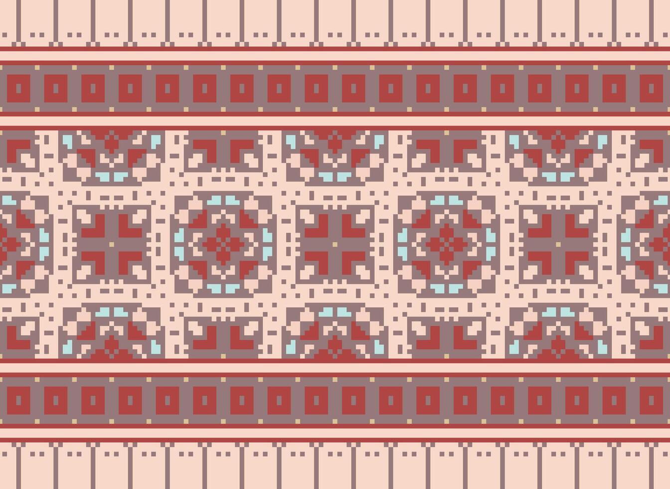 Pixel ikat and cross stitch geometric seamless pattern ethnic oriental traditional. Aztec style illustration design for carpet, wallpaper, clothing, wrapping, batik. vector