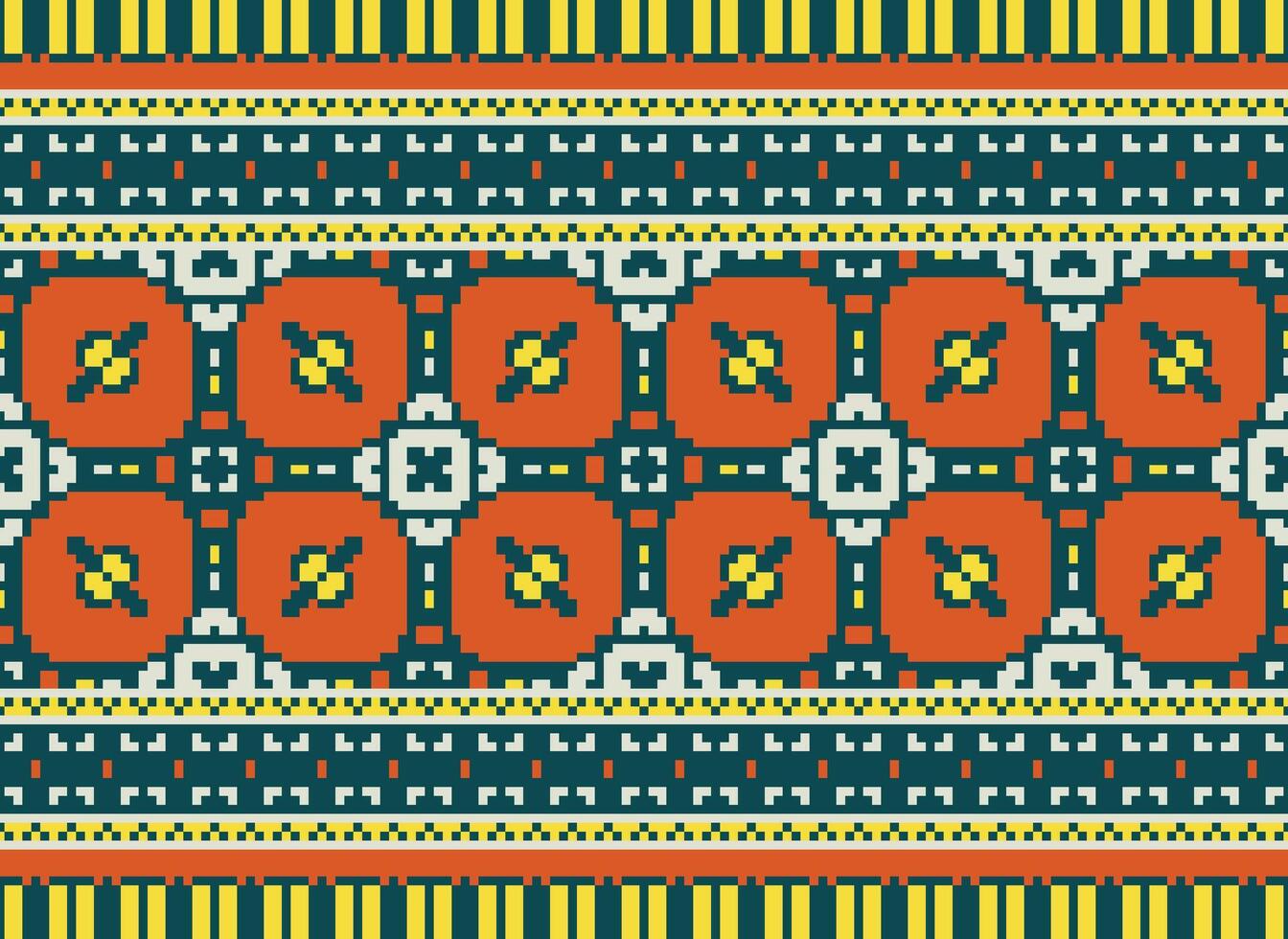 Pixel cross stitch traditional ethnic pattern paisley flower Ikat background abstract Aztec African Indonesian Indian seamless pattern for fabric print cloth dress carpet curtains and sarong vector