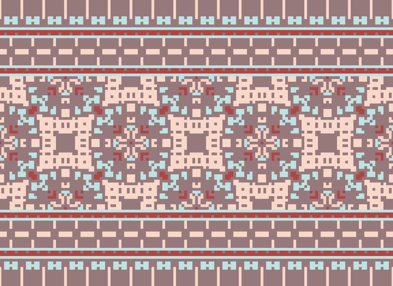 Pixel ikat and cross stitch geometric seamless pattern ethnic oriental traditional. Aztec style illustration design for carpet, wallpaper, clothing, wrapping, batik. vector