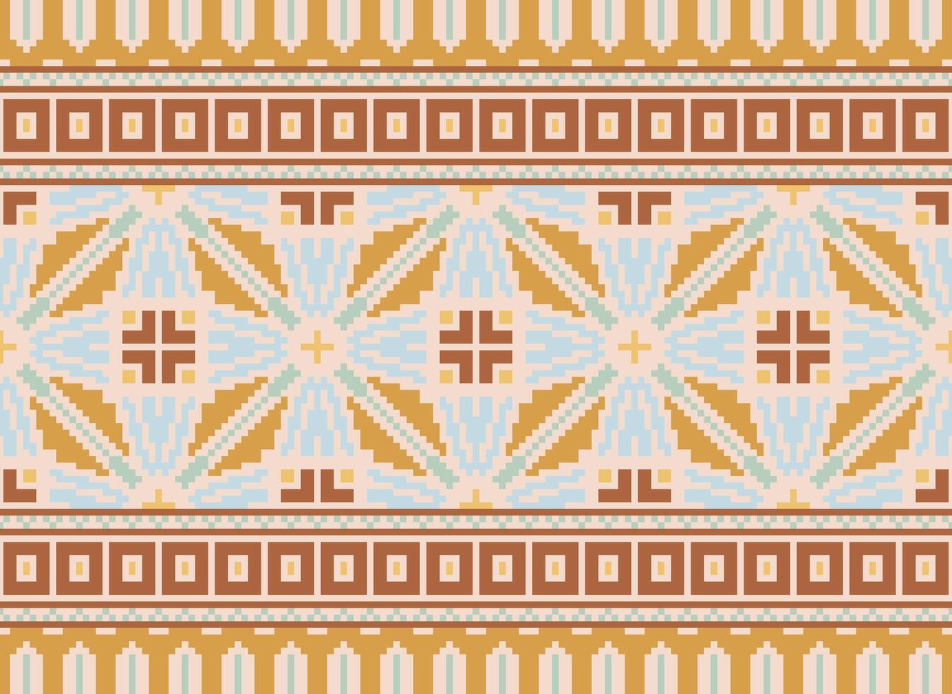 Pixel cross stitch traditional ethnic pattern paisley flower Ikat background abstract Aztec African Indonesian Indian seamless pattern for fabric print cloth dress carpet curtains and sarong vector