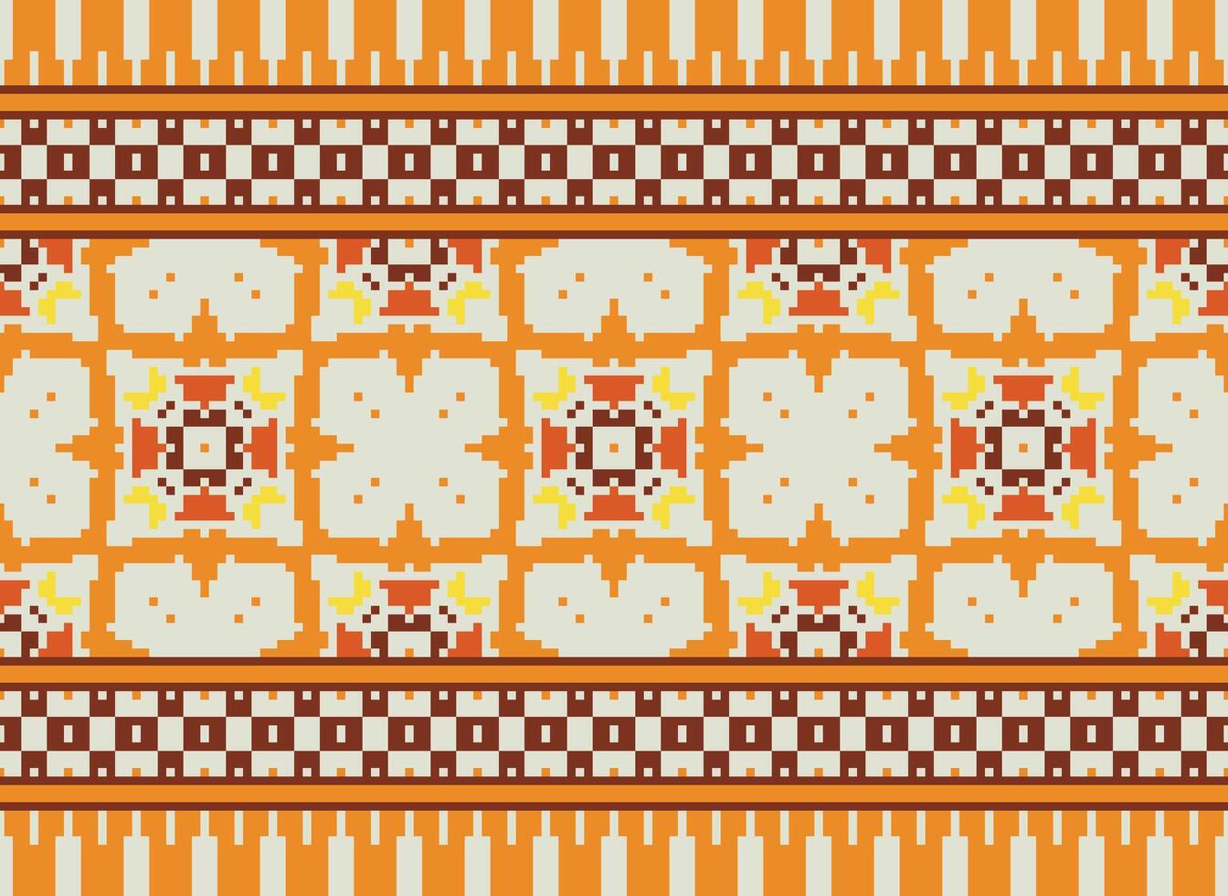 Pixel cross stitch traditional ethnic pattern paisley flower Ikat background abstract Aztec African Indonesian Indian seamless pattern for fabric print cloth dress carpet curtains and sarong vector