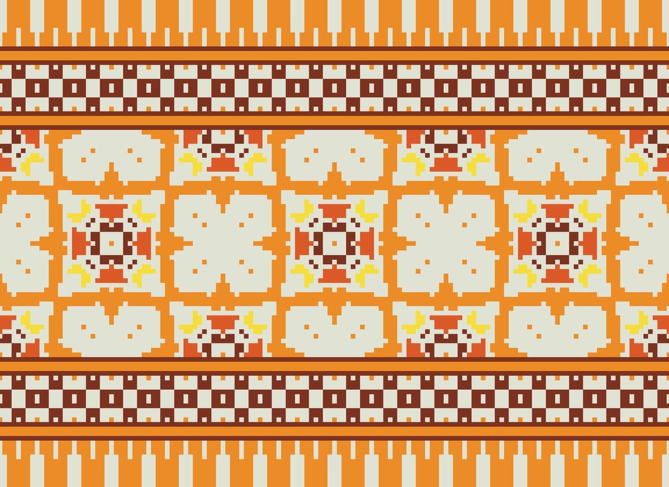 Pixel cross stitch traditional ethnic pattern paisley flower Ikat background abstract Aztec African Indonesian Indian seamless pattern for fabric print cloth dress carpet curtains and sarong vector