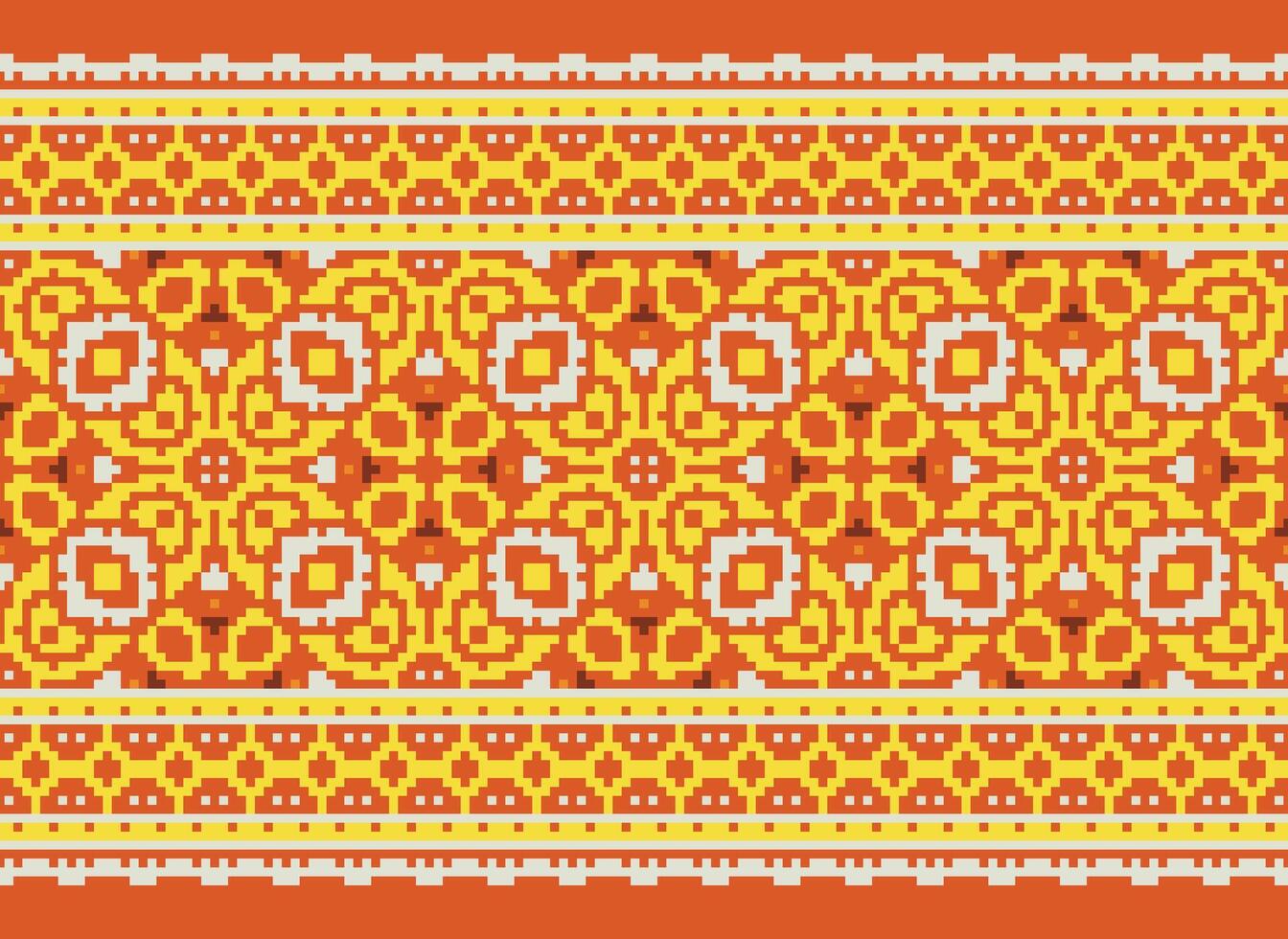 Pixel ikat and cross stitch geometric seamless pattern ethnic oriental traditional. Aztec style illustration design for carpet, wallpaper, clothing, wrapping, batik. vector