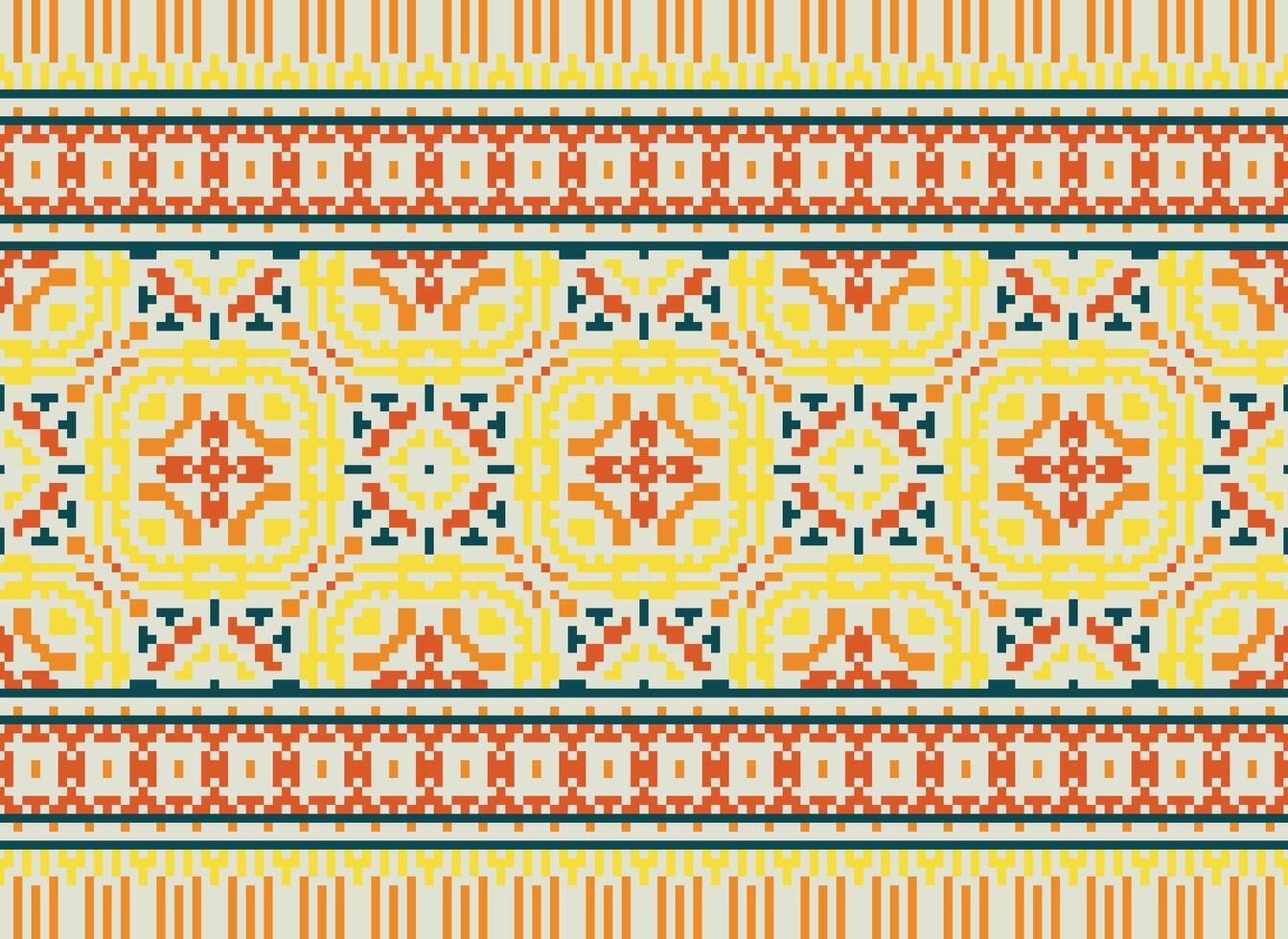 Pixel cross stitch traditional ethnic pattern paisley flower Ikat background abstract Aztec African Indonesian Indian seamless pattern for fabric print cloth dress carpet curtains and sarong vector
