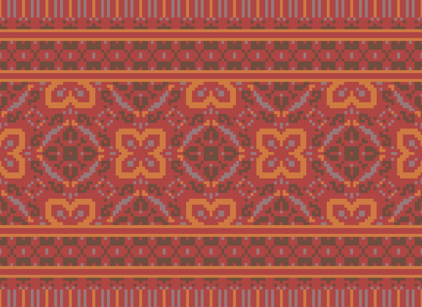 Pixel cross stitch traditional ethnic pattern paisley flower Ikat background abstract Aztec African Indonesian Indian seamless pattern for fabric print cloth dress carpet curtains and sarong vector