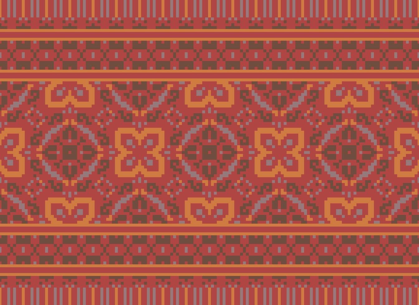 Pixel cross stitch traditional ethnic pattern paisley flower Ikat background abstract Aztec African Indonesian Indian seamless pattern for fabric print cloth dress carpet curtains and sarong vector