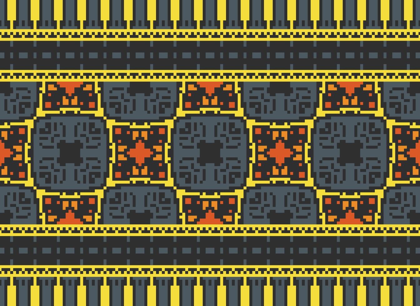 Pixel cross stitch traditional ethnic pattern paisley flower Ikat background abstract Aztec African Indonesian Indian seamless pattern for fabric print cloth dress carpet curtains and sarong vector