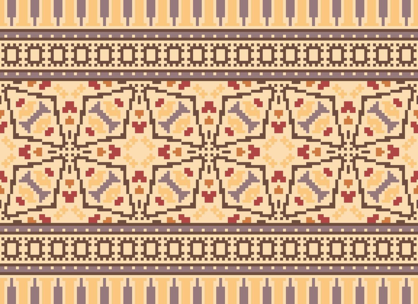Pixel cross stitch traditional ethnic pattern paisley flower Ikat background abstract Aztec African Indonesian Indian seamless pattern for fabric print cloth dress carpet curtains and sarong vector