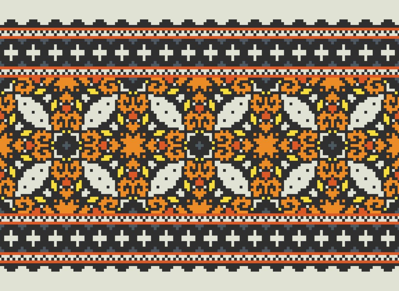 Pixel cross stitch traditional ethnic pattern paisley flower Ikat background abstract Aztec African Indonesian Indian seamless pattern for fabric print cloth dress carpet curtains and sarong vector