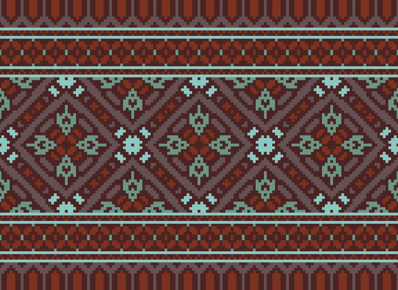 Pixel cross stitch traditional ethnic pattern paisley flower Ikat background abstract Aztec African Indonesian Indian seamless pattern for fabric print cloth dress carpet curtains and sarong vector