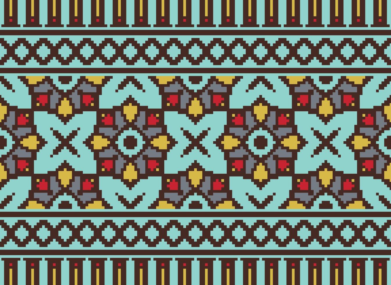 Pixel cross stitch traditional ethnic pattern paisley flower Ikat background abstract Aztec African Indonesian Indian seamless pattern for fabric print cloth dress carpet curtains and sarong vector