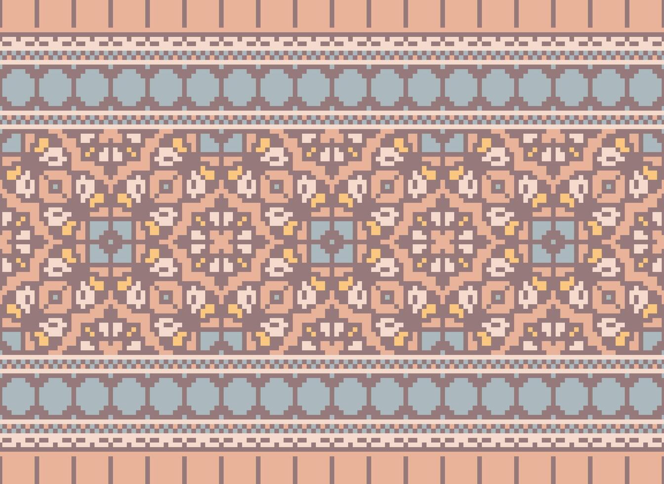 Pixel cross stitch traditional ethnic pattern paisley flower Ikat background abstract Aztec African Indonesian Indian seamless pattern for fabric print cloth dress carpet curtains and sarong vector