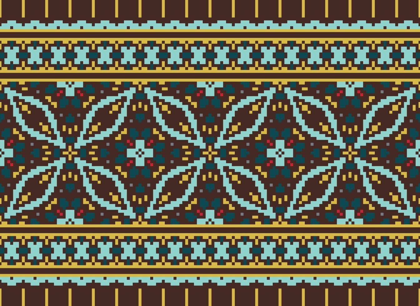 Pixel cross stitch traditional ethnic pattern paisley flower Ikat background abstract Aztec African Indonesian Indian seamless pattern for fabric print cloth dress carpet curtains and sarong vector