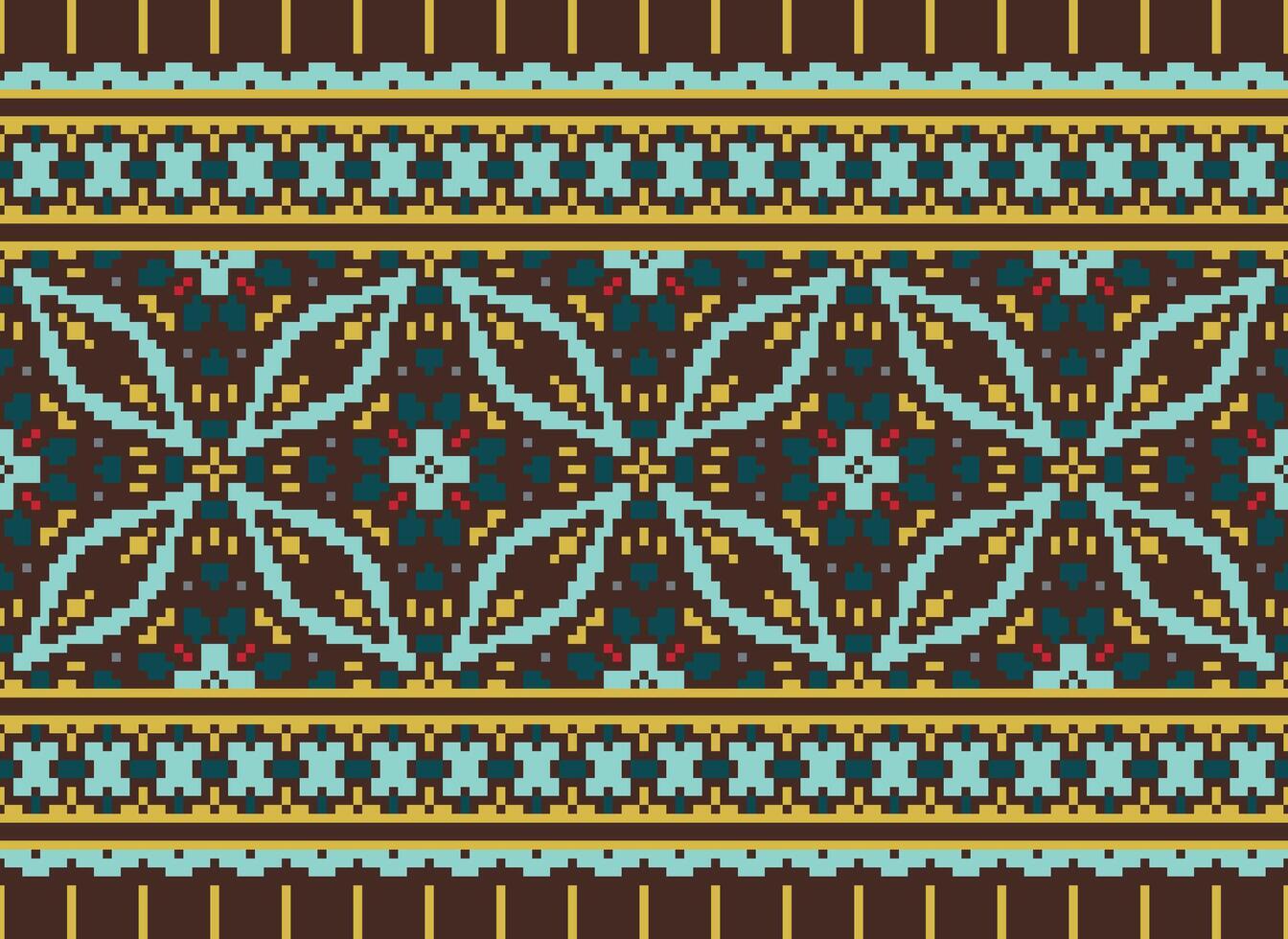 Pixel cross stitch traditional ethnic pattern paisley flower Ikat background abstract Aztec African Indonesian Indian seamless pattern for fabric print cloth dress carpet curtains and sarong vector