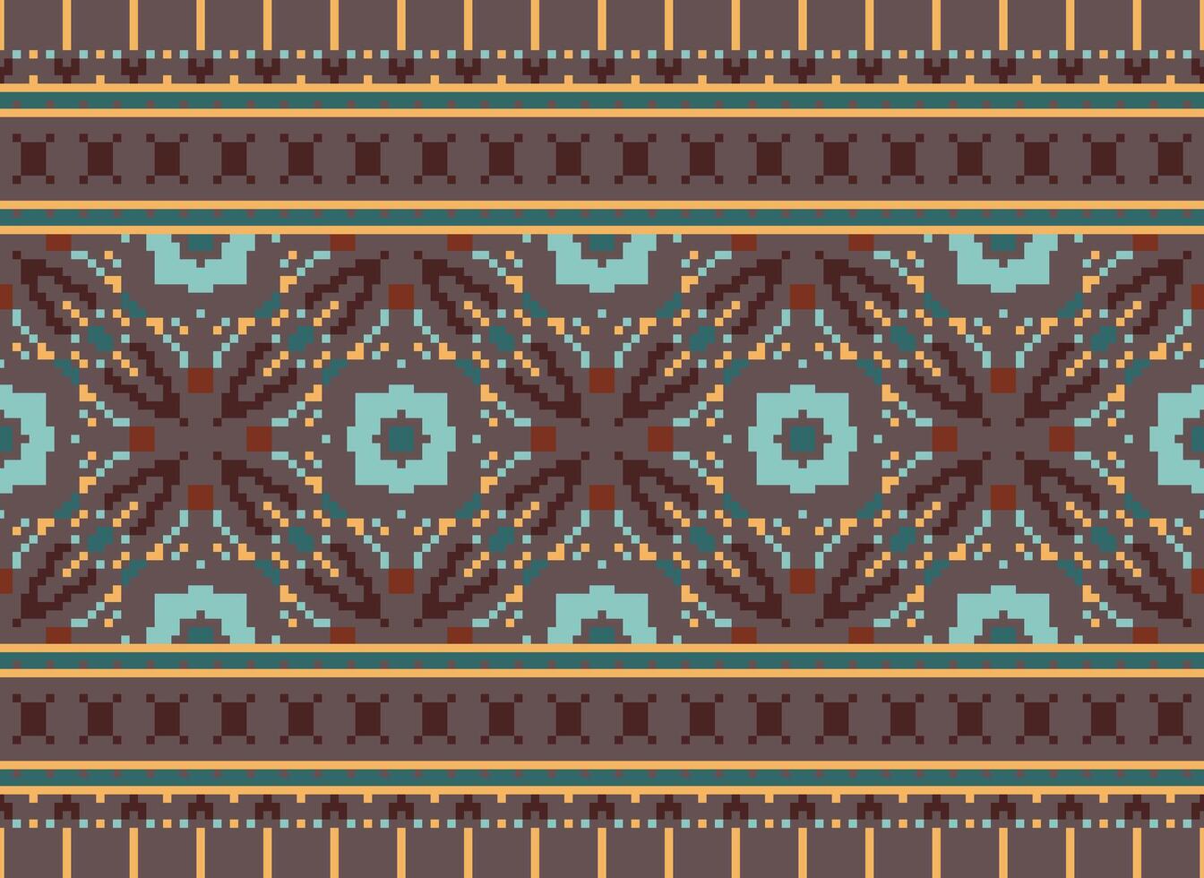 Pixel cross stitch traditional ethnic pattern paisley flower Ikat background abstract Aztec African Indonesian Indian seamless pattern for fabric print cloth dress carpet curtains and sarong vector