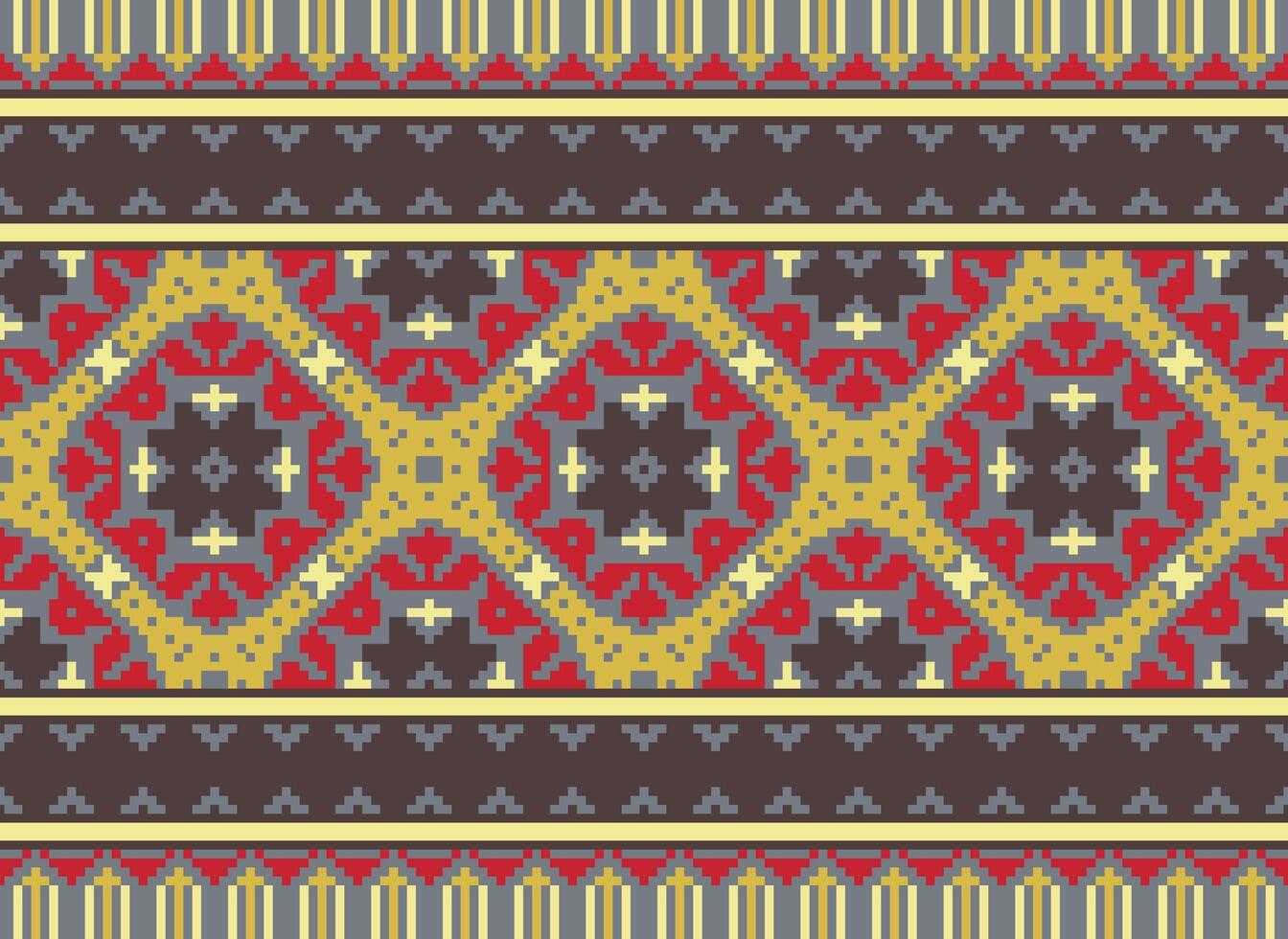 Pixel cross stitch traditional ethnic pattern paisley flower Ikat background abstract Aztec African Indonesian Indian seamless pattern for fabric print cloth dress carpet curtains and sarong vector