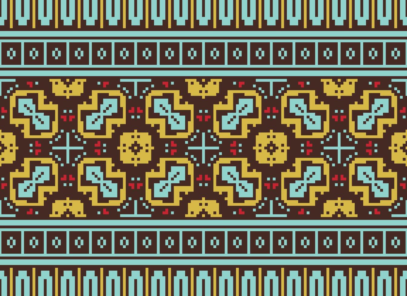 Pixel cross stitch traditional ethnic pattern paisley flower Ikat background abstract Aztec African Indonesian Indian seamless pattern for fabric print cloth dress carpet curtains and sarong vector