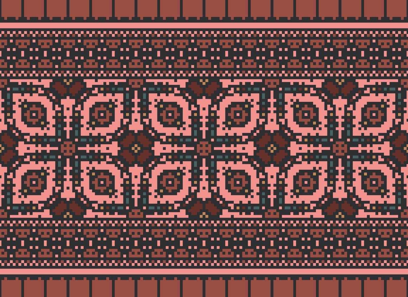 Pixel cross stitch traditional ethnic pattern paisley flower Ikat background abstract Aztec African Indonesian Indian seamless pattern for fabric print cloth dress carpet curtains and sarong vector