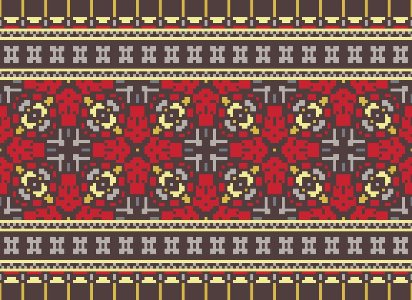 Pixel cross stitch traditional ethnic pattern paisley flower Ikat background abstract Aztec African Indonesian Indian seamless pattern for fabric print cloth dress carpet curtains and sarong vector