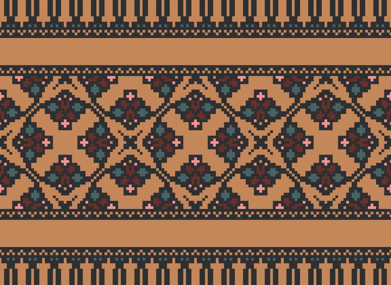 Pixel cross stitch traditional ethnic pattern paisley flower Ikat background abstract Aztec African Indonesian Indian seamless pattern for fabric print cloth dress carpet curtains and sarong vector