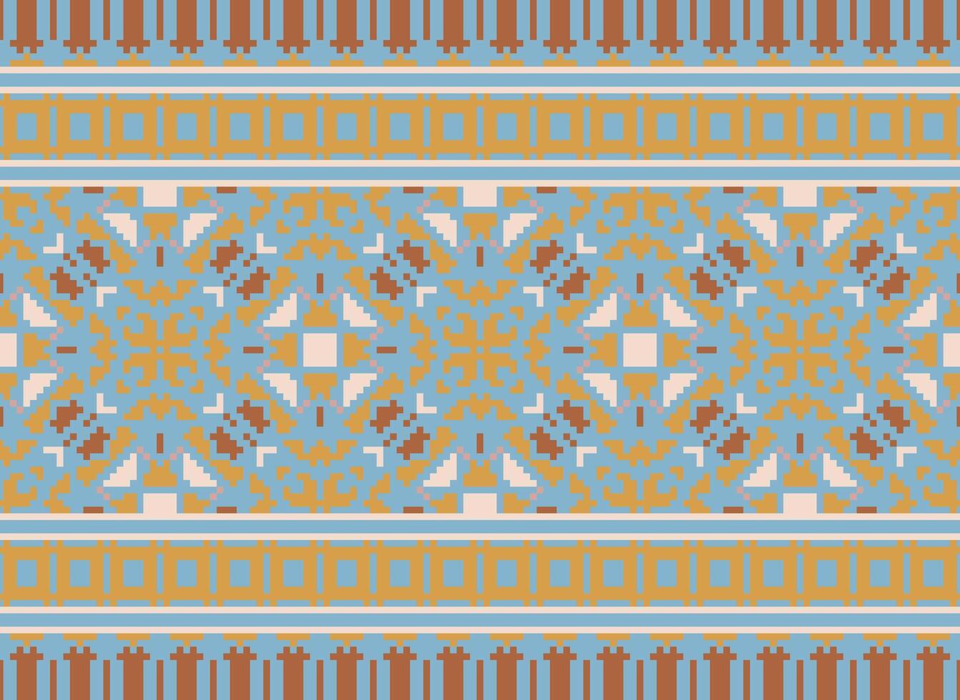Pixel cross stitch traditional ethnic pattern paisley flower Ikat background abstract Aztec African Indonesian Indian seamless pattern for fabric print cloth dress carpet curtains and sarong vector