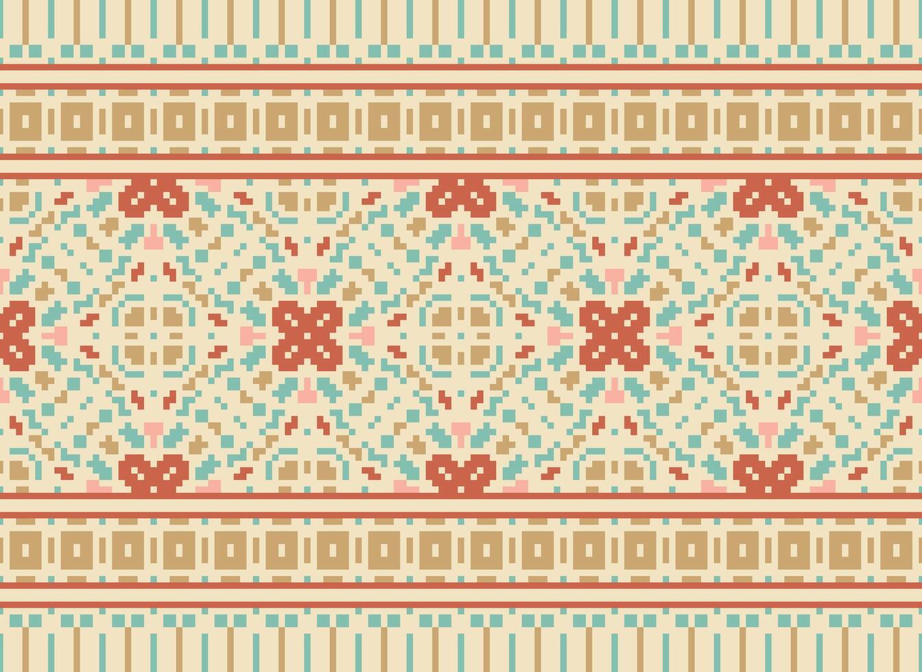Pixel cross stitch traditional ethnic pattern paisley flower Ikat background abstract Aztec African Indonesian Indian seamless pattern for fabric print cloth dress carpet curtains and sarong vector