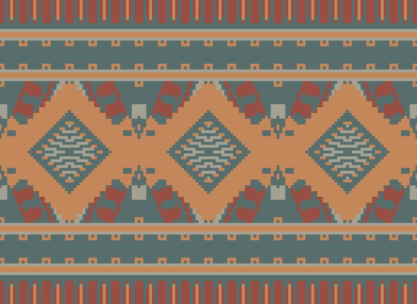 Pixel cross stitch traditional ethnic pattern paisley flower Ikat background abstract Aztec African Indonesian Indian seamless pattern for fabric print cloth dress carpet curtains and sarong vector