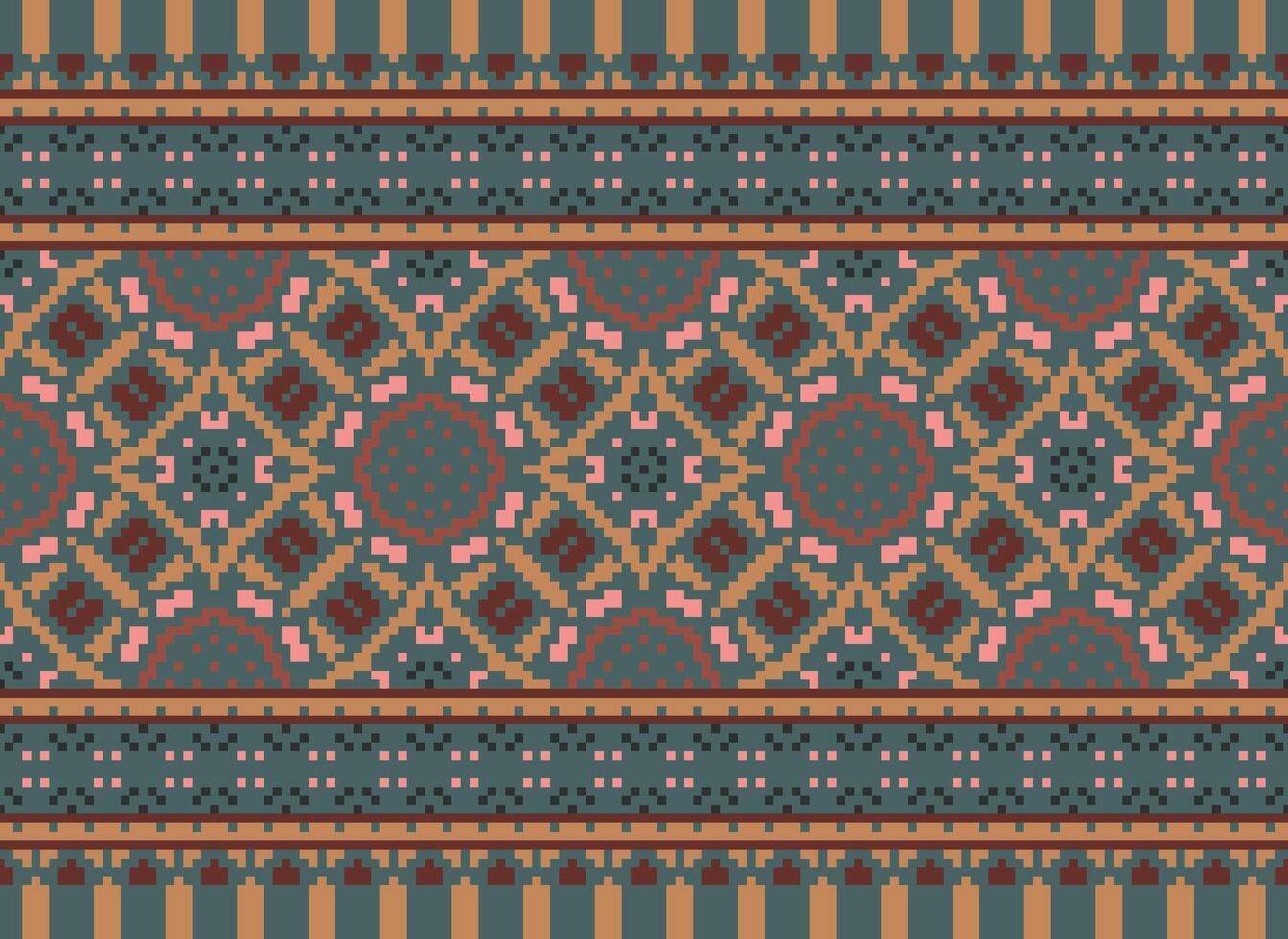 Pixel cross stitch traditional ethnic pattern paisley flower Ikat background abstract Aztec African Indonesian Indian seamless pattern for fabric print cloth dress carpet curtains and sarong vector