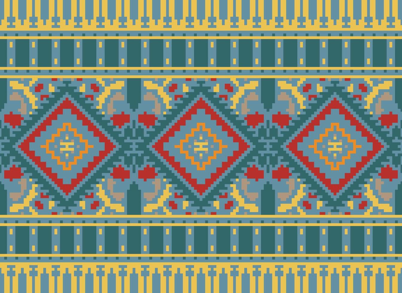 Pixel cross stitch traditional ethnic pattern paisley flower Ikat background abstract Aztec African Indonesian Indian seamless pattern for fabric print cloth dress carpet curtains and sarong vector
