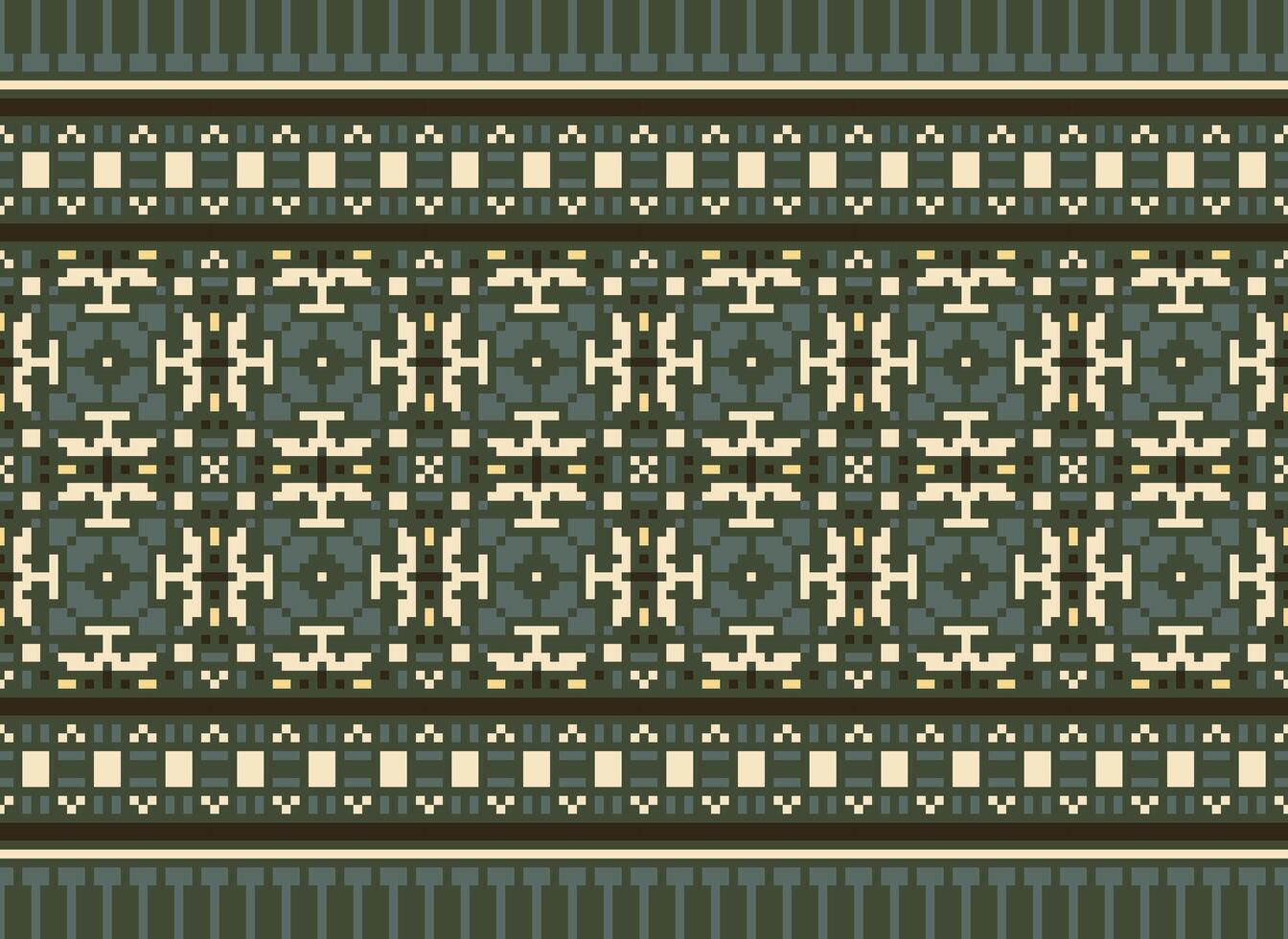 Pixel cross stitch traditional ethnic pattern paisley flower Ikat background abstract Aztec African Indonesian Indian seamless pattern for fabric print cloth dress carpet curtains and sarong vector