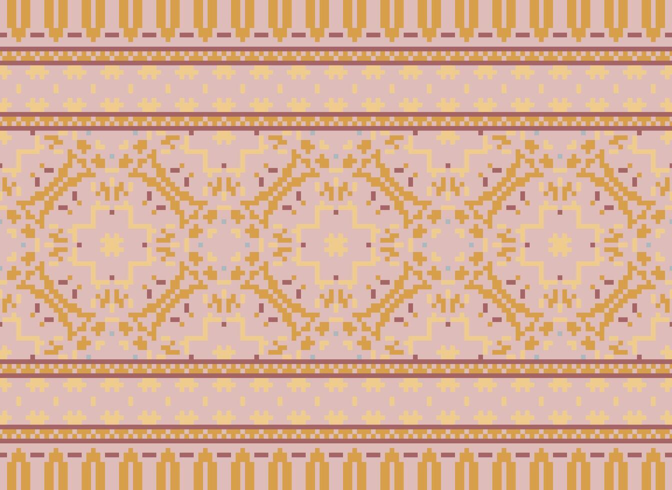 Pixel cross stitch traditional ethnic pattern paisley flower Ikat background abstract Aztec African Indonesian Indian seamless pattern for fabric print cloth dress carpet curtains and sarong vector