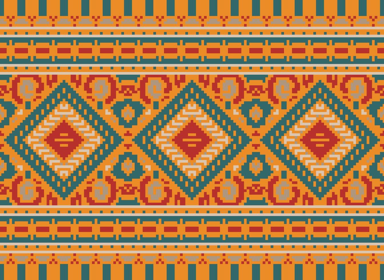 Pixel cross stitch traditional ethnic pattern paisley flower Ikat background abstract Aztec African Indonesian Indian seamless pattern for fabric print cloth dress carpet curtains and sarong vector