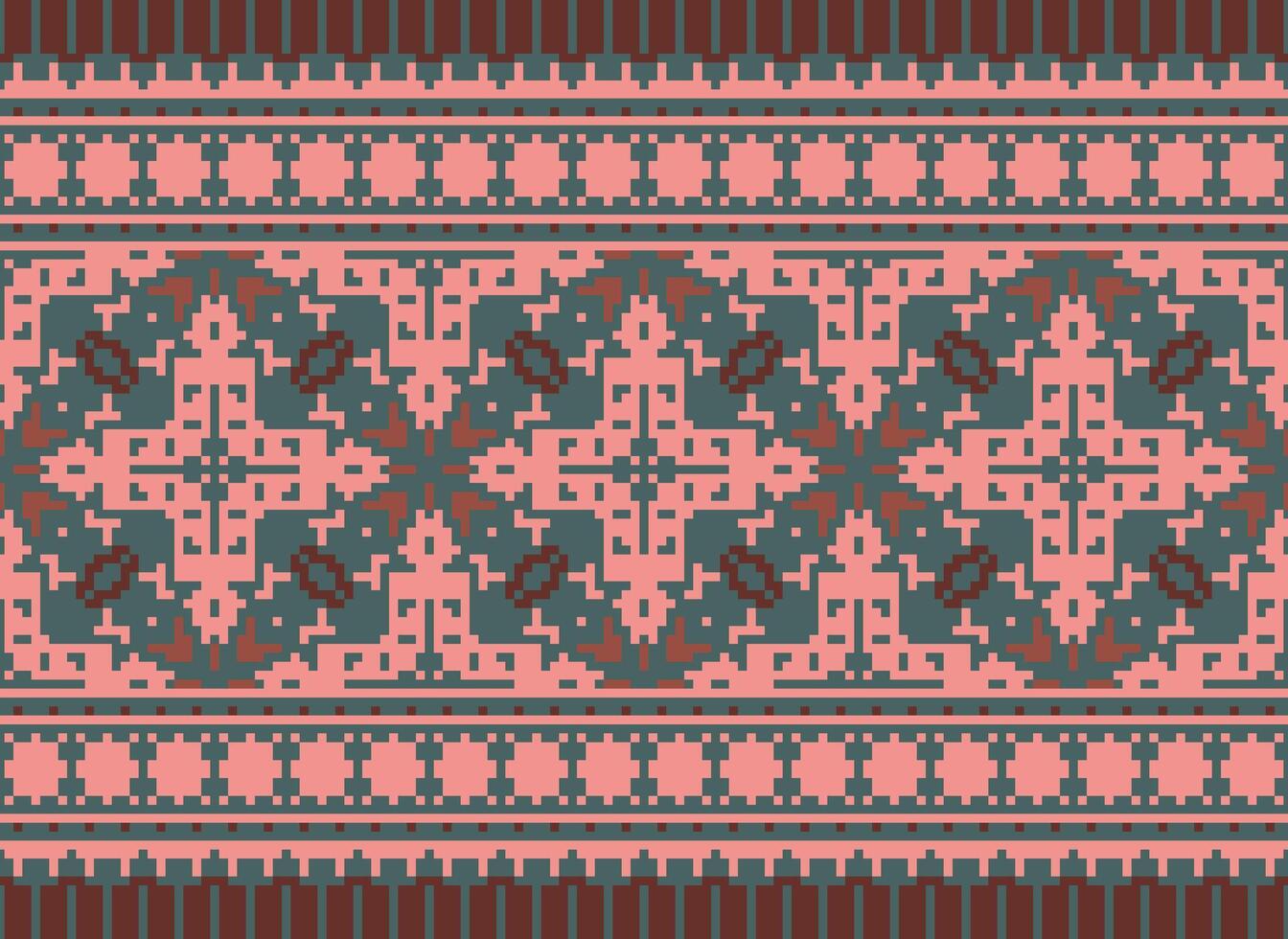 Pixel cross stitch traditional ethnic pattern paisley flower Ikat background abstract Aztec African Indonesian Indian seamless pattern for fabric print cloth dress carpet curtains and sarong vector