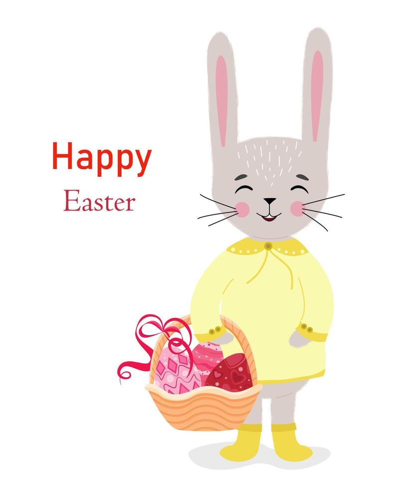 A cute Easter bunny holds a basket filled with Easter eggs. Inscription Happy Easter. Easter Egg. Christ is risen. Vertical poster, Easter card, Happy Easter banner. vector