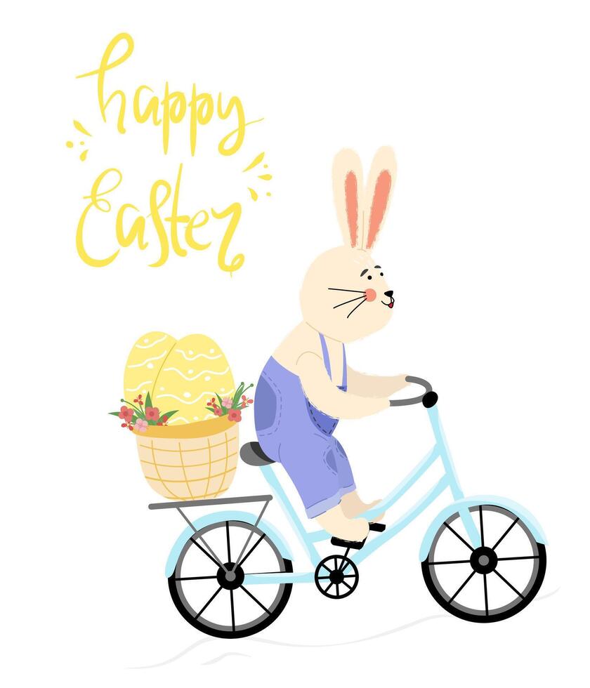 The Easter bunny rides a bicycle. There is a painted Easter egg on the bike and in the basket. Easter eggs. Happy easter. Horizontal poster, Easter greeting card, Happy Easter banner. vector