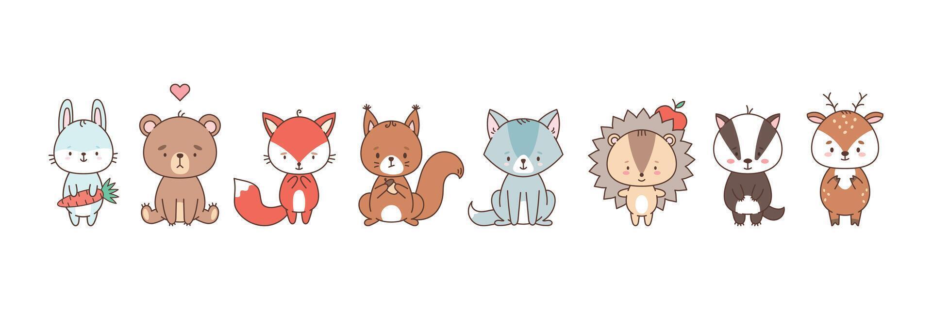 Set of cute forest animals fox hare bear wolf hedgehog badger deer squirrel. Cute animals in kawaii style. Drawings for children. vector illustration
