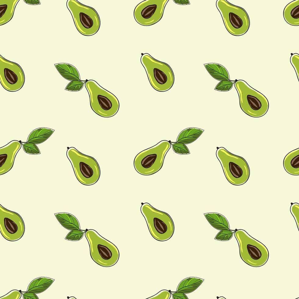 Ripe, juicy avocado cut with leaves, seamless geometric pattern, vector.Hand drawn in doodle style.Design for printing on fabrics, holiday and confectionery packaging, wallpaper, wrapping and scrap vector
