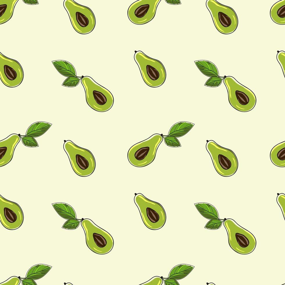 Ripe, juicy avocado cut with leaves, seamless geometric pattern, vector.Hand drawn in doodle style.Design for printing on fabrics, holiday and confectionery packaging, wallpaper, wrapping and scrap vector