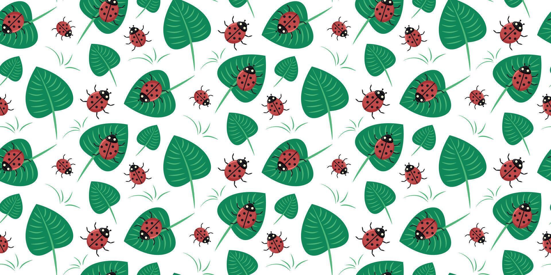 Seamless pattern with Ladybug and green leaves. vector illustration