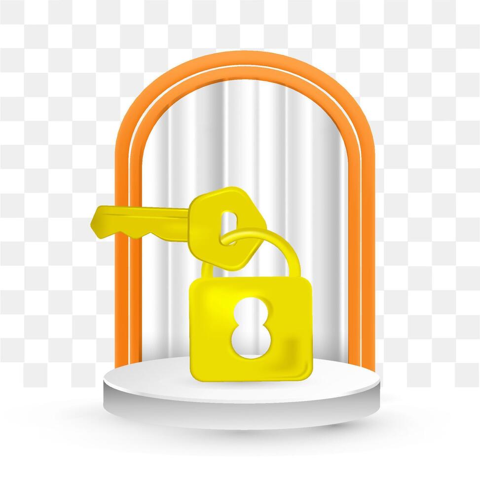 3d Vector Key and padlock icon. Cartoon making yellow padlock isolated on white background.