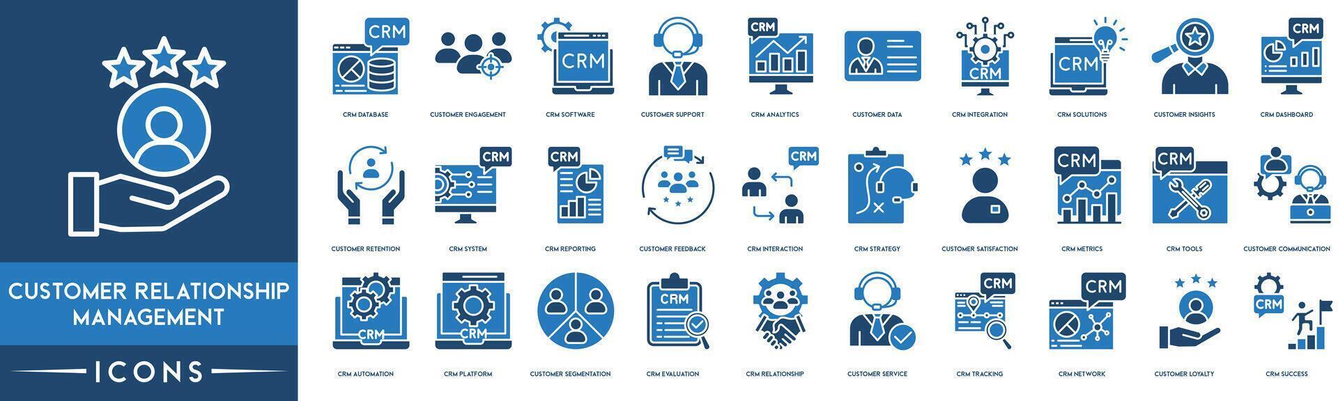 Customer Relationship Management icon set. CRM Database, Customer Engagement, Software, Customer Support, Analytics, Customer Data, CRM Integration and CRM Solutions icon vector