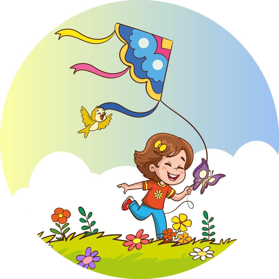 Vector illustration of little cute children playing with a kite in the garden.