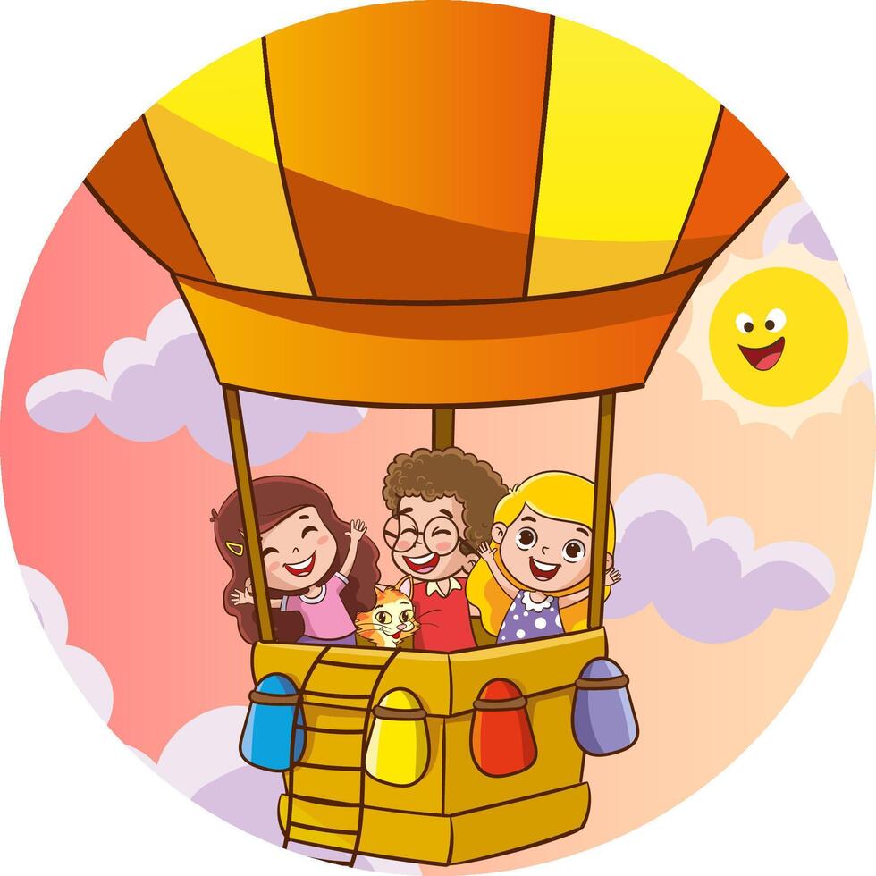 vector illustration of kids flying with air balloon